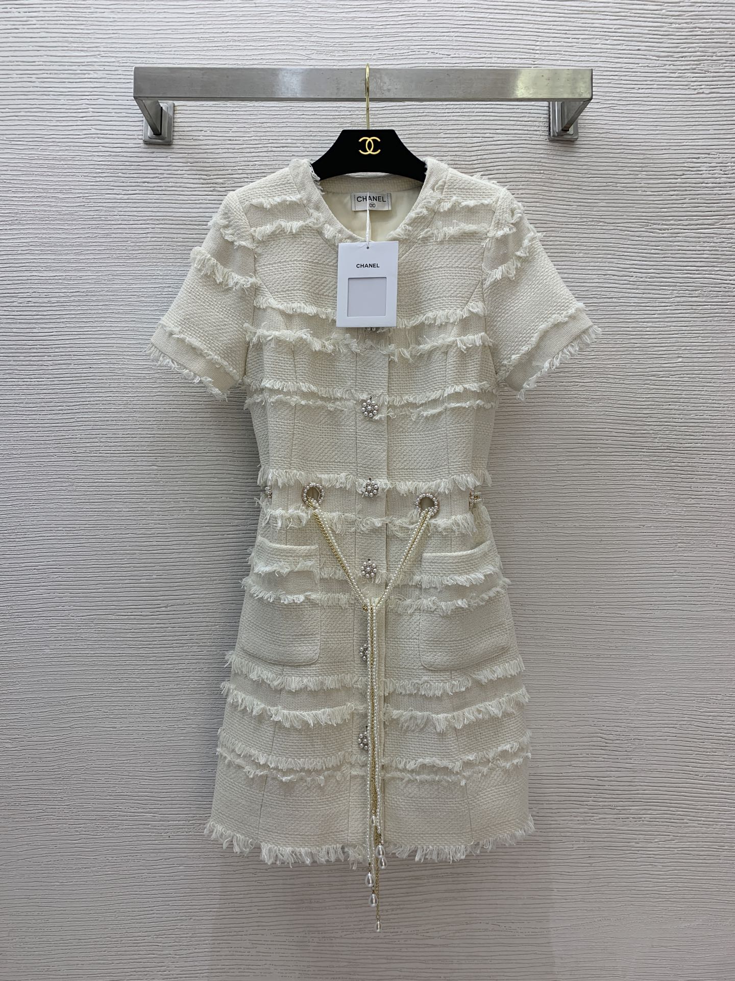 25SS Pearl flower buckle waist drawstring cinching design buckle open collar short sleeved dress