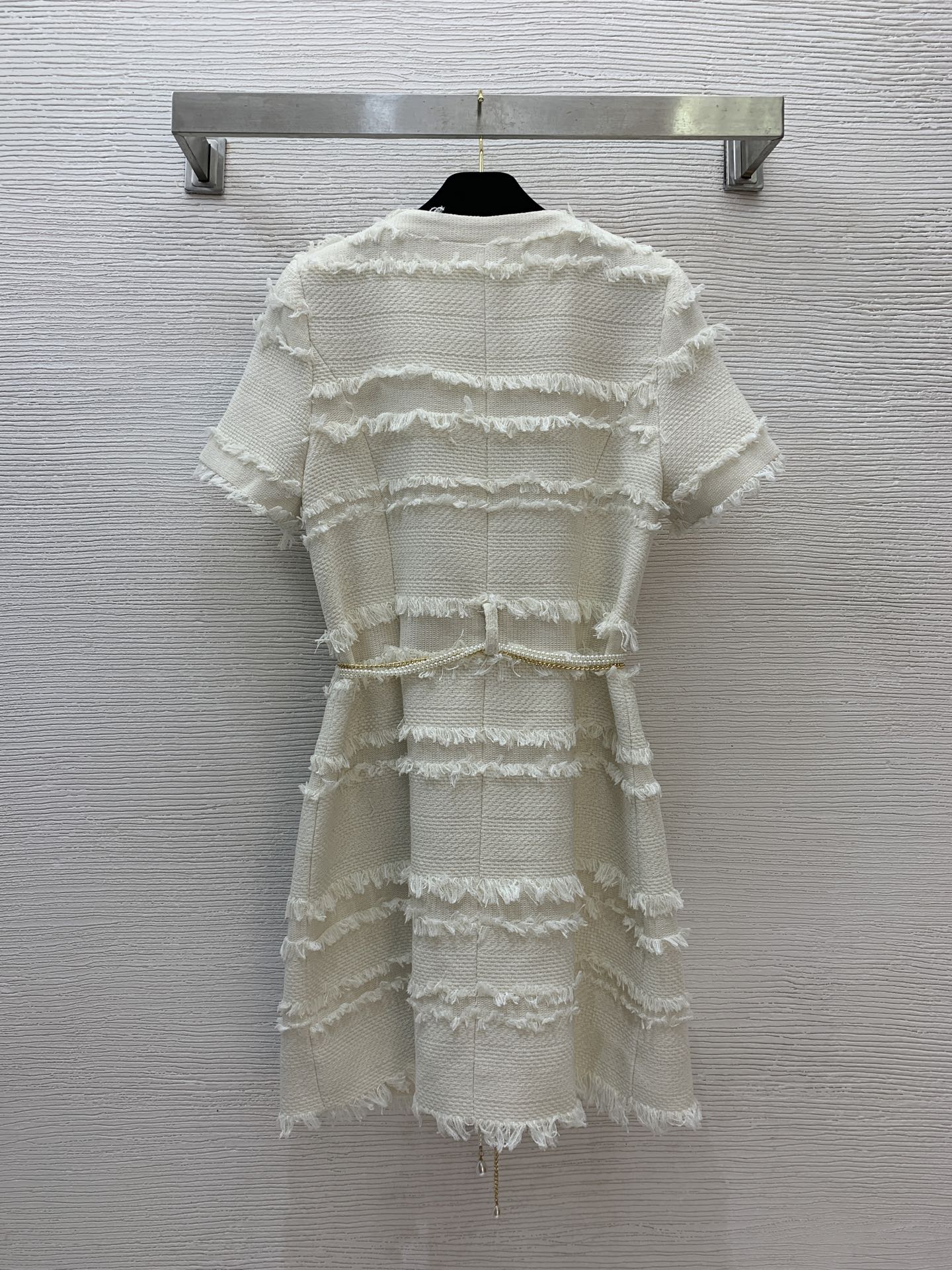 25SS Pearl flower buckle waist drawstring cinching design buckle open collar short sleeved dress