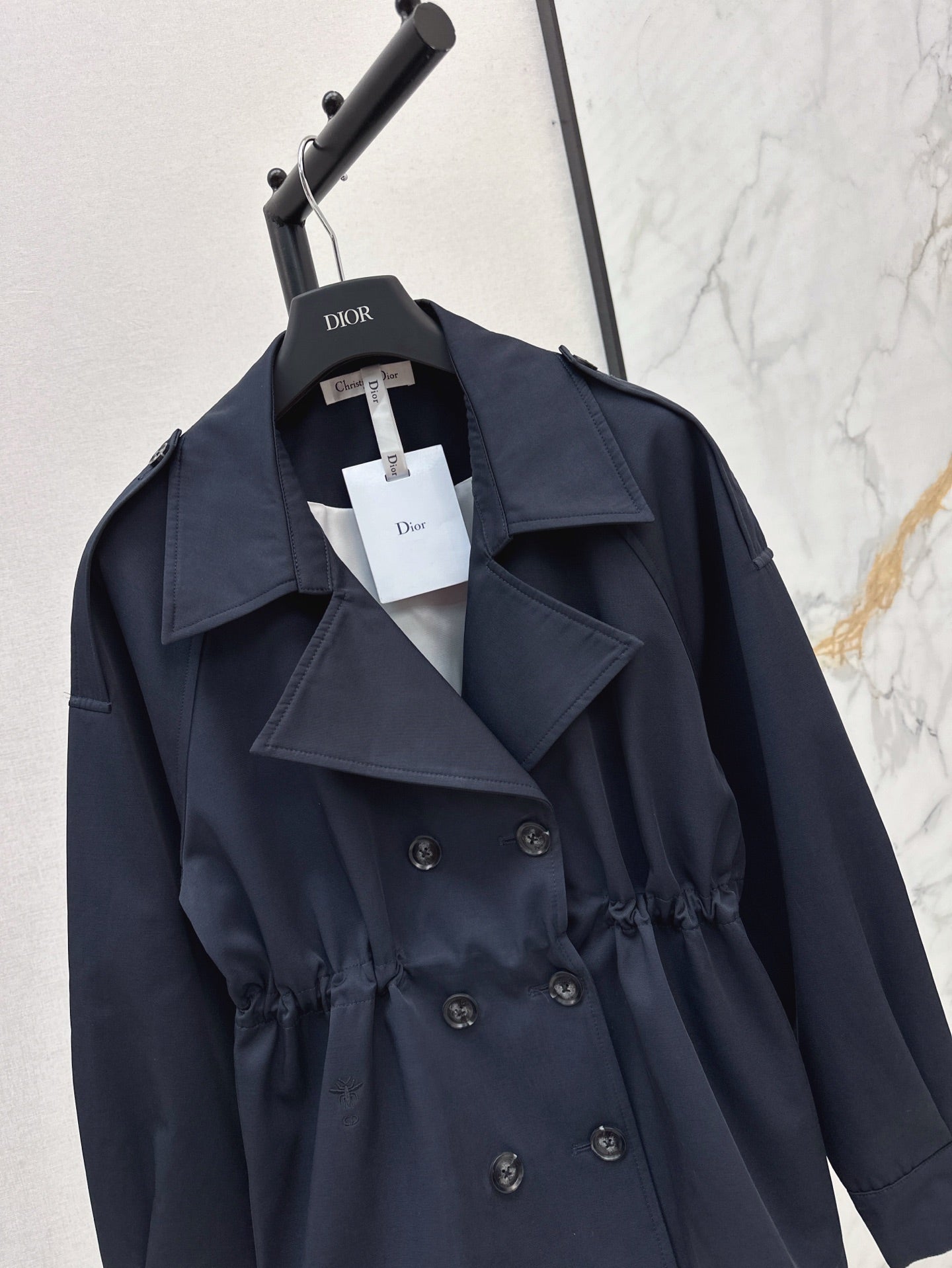 25ss Drawstring waist cinched mid length lapel windbreaker jacket