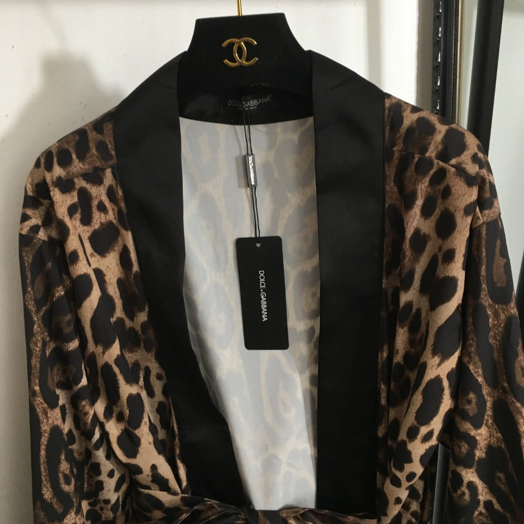 25 Leopard Print Black Wrap Tie Waist Long Cardigan Robe Silk Jacket