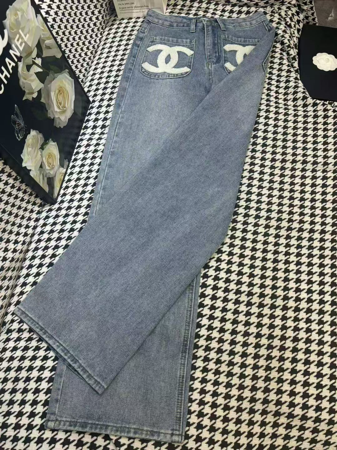 25 pocket double c towel embroidered denim trousers