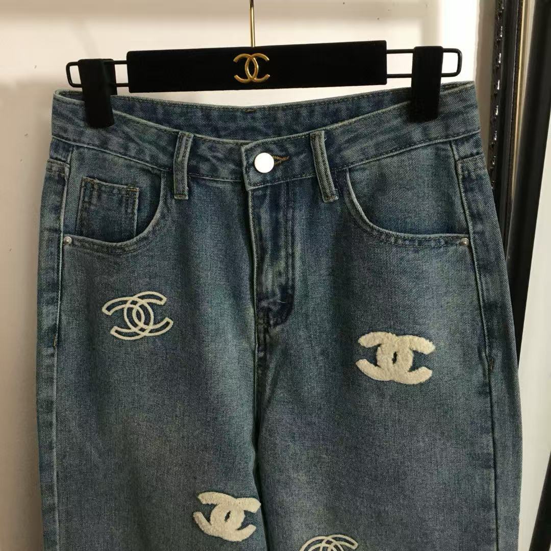 Towel embroidered logo denim trousers