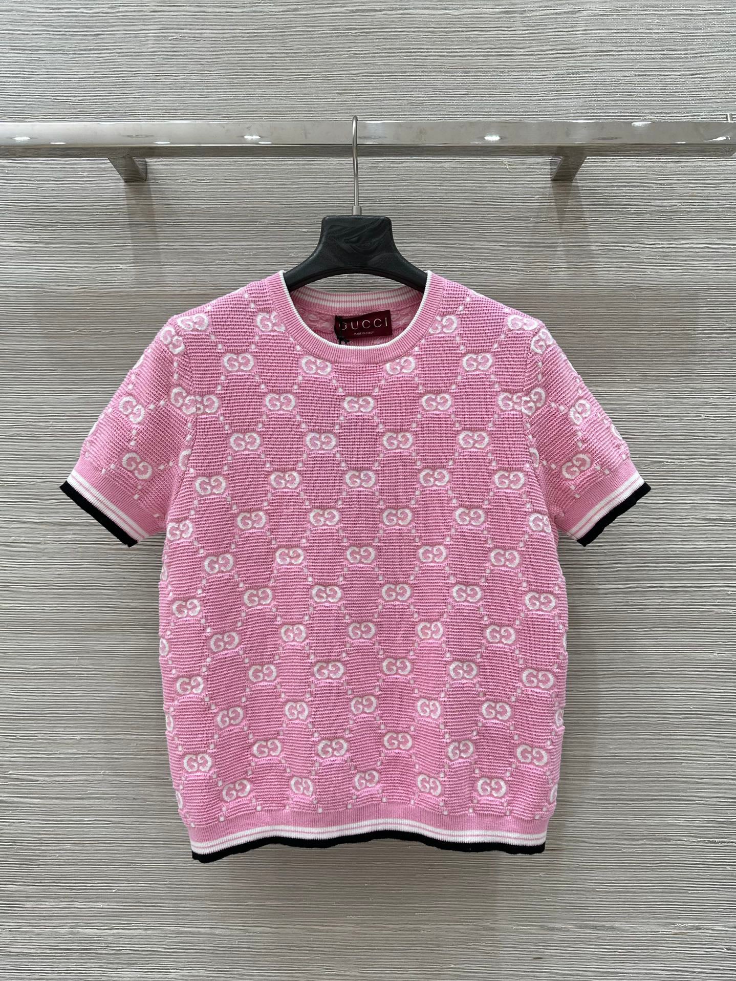 25SS Dopamine color retro jacquard full width GG knitted short sleeved shirt