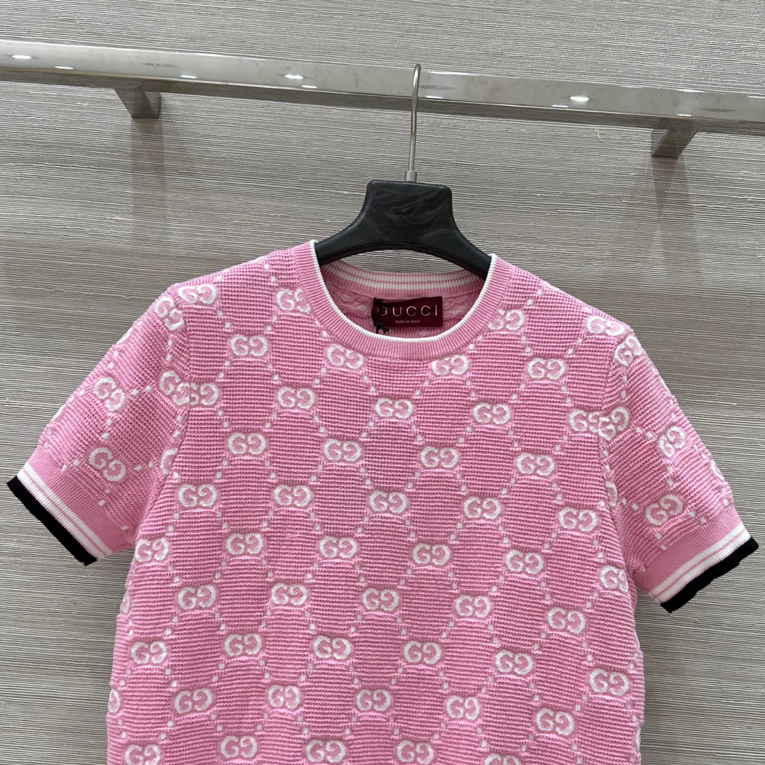 25SS Dopamine color retro jacquard full width GG knitted short sleeved shirt