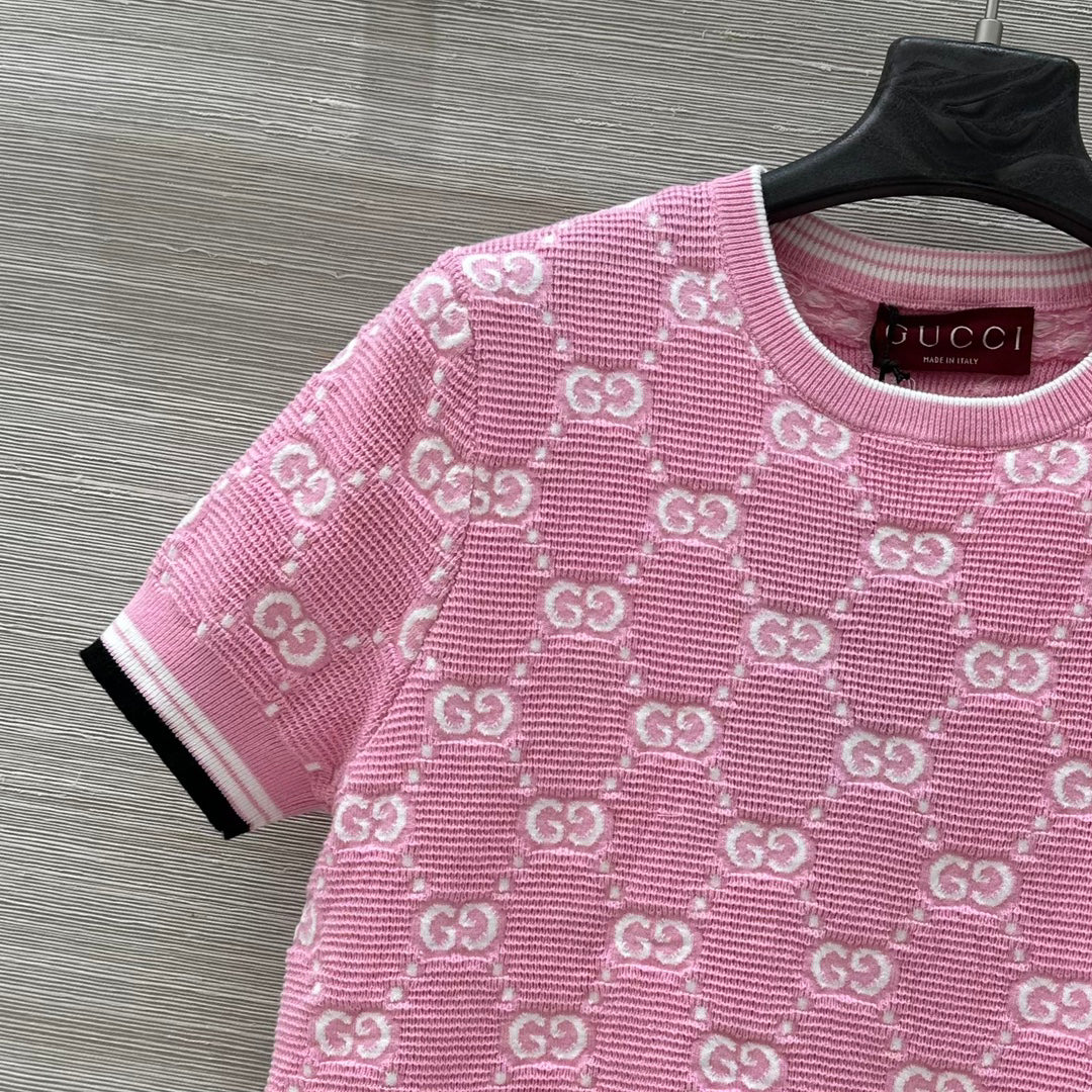 25SS Dopamine color retro jacquard full width GG knitted short sleeved shirt