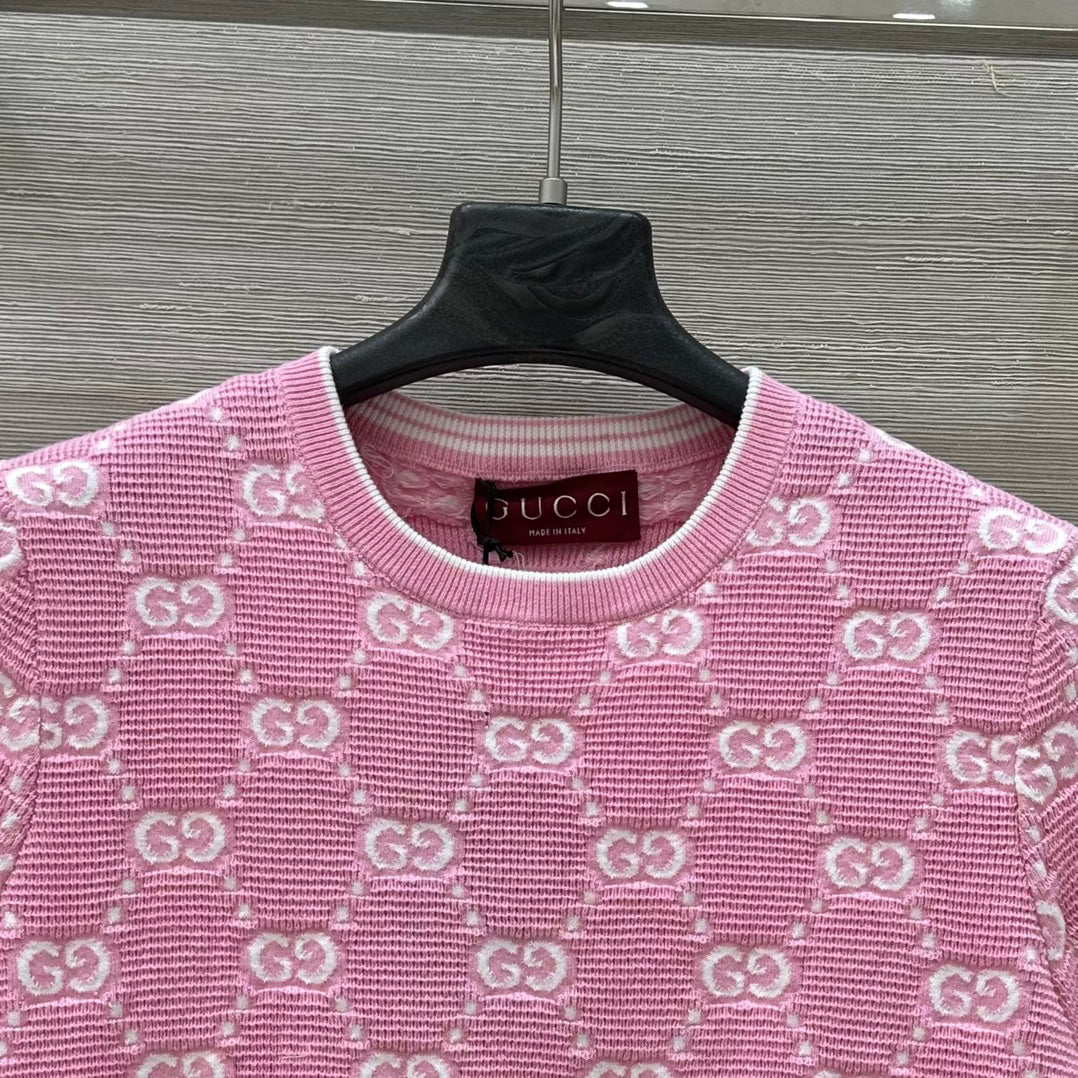 25SS Dopamine color retro jacquard full width GG knitted short sleeved shirt