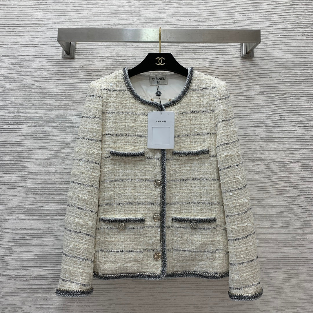 25ss Fried Dough Twists binding contrast stripe woven round neck long sleeve tweed coat