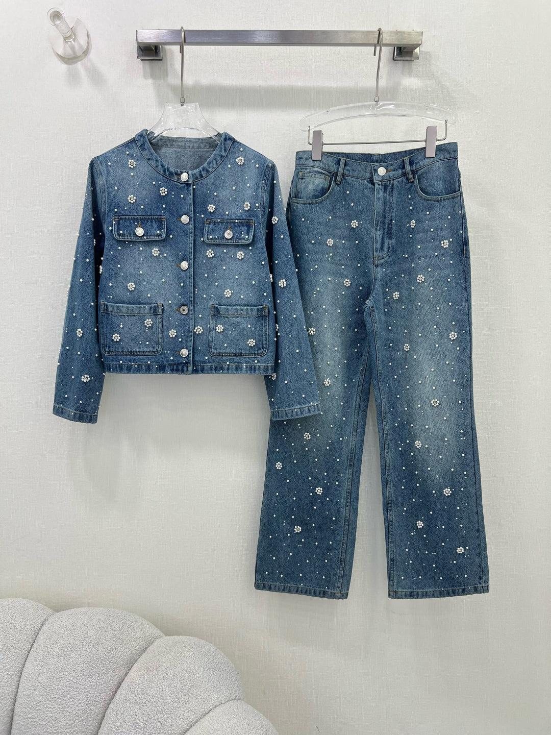 25ss 3D nail bead round neck denim jacket