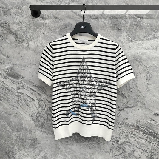 D 25  Platinum Collection Striped stars Printed high-fashion linen knit short sleeve!