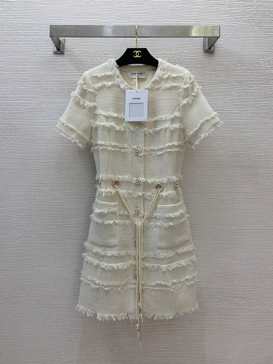 25SS Pearl flower buckle waist drawstring cinching design buckle open collar short sleeved dress