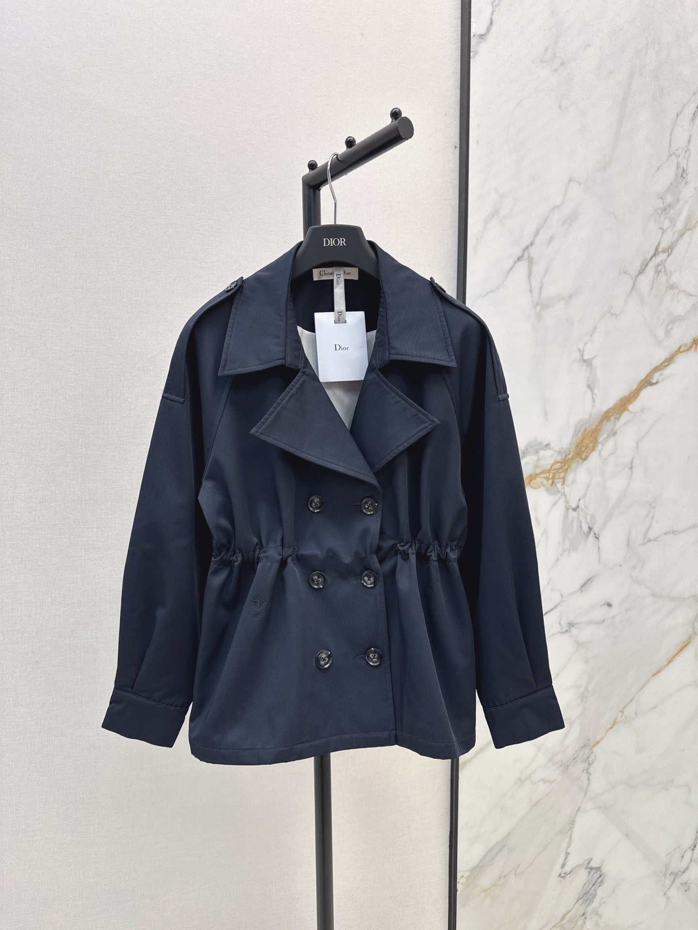 25ss Drawstring waist cinched mid length lapel windbreaker jacket
