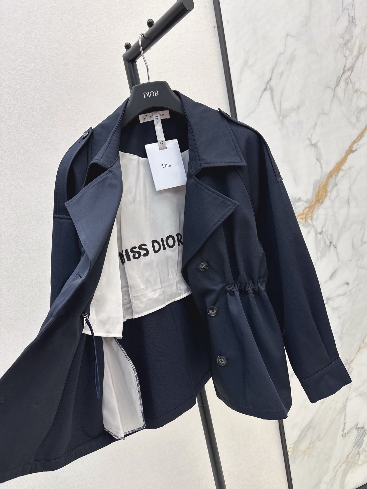 25ss Drawstring waist cinched mid length lapel windbreaker jacket