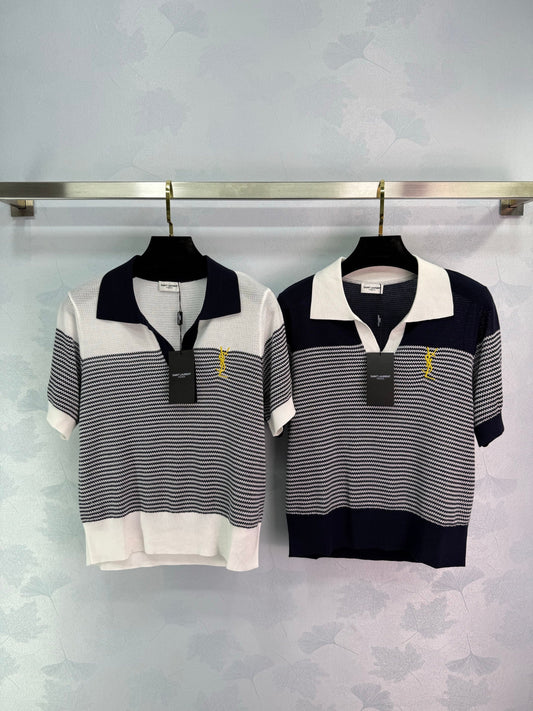 25 Wave striped lapel knit short sleeved shirt