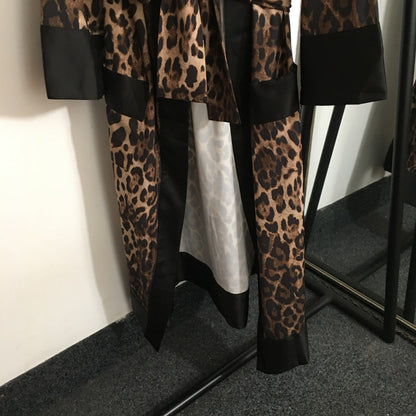 25 Leopard Print Black Wrap Tie Waist Long Cardigan Robe Silk Jacket