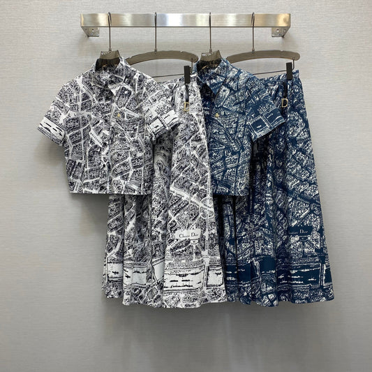 D 25  Digital Printing Temperament Lapel Age Reducing Short Blouse Half Skirt Suit