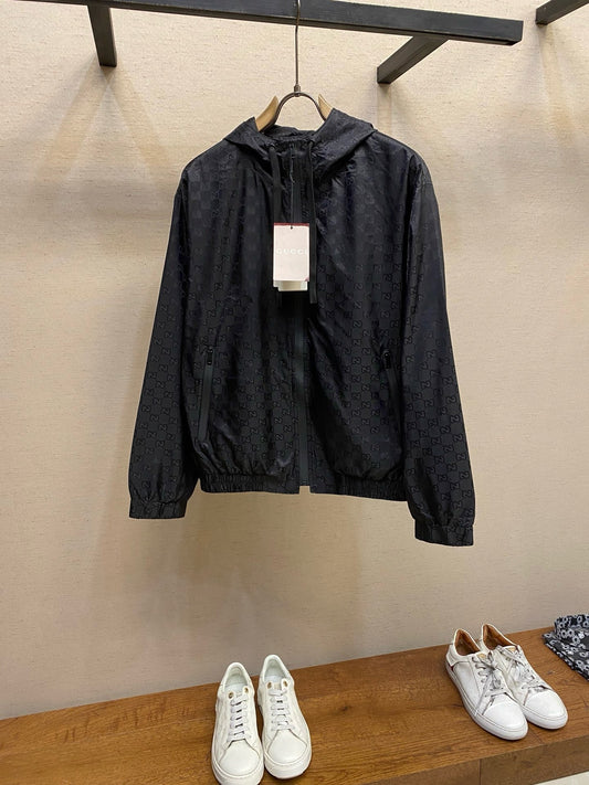 Nylon hooded zipped jacquard jacket