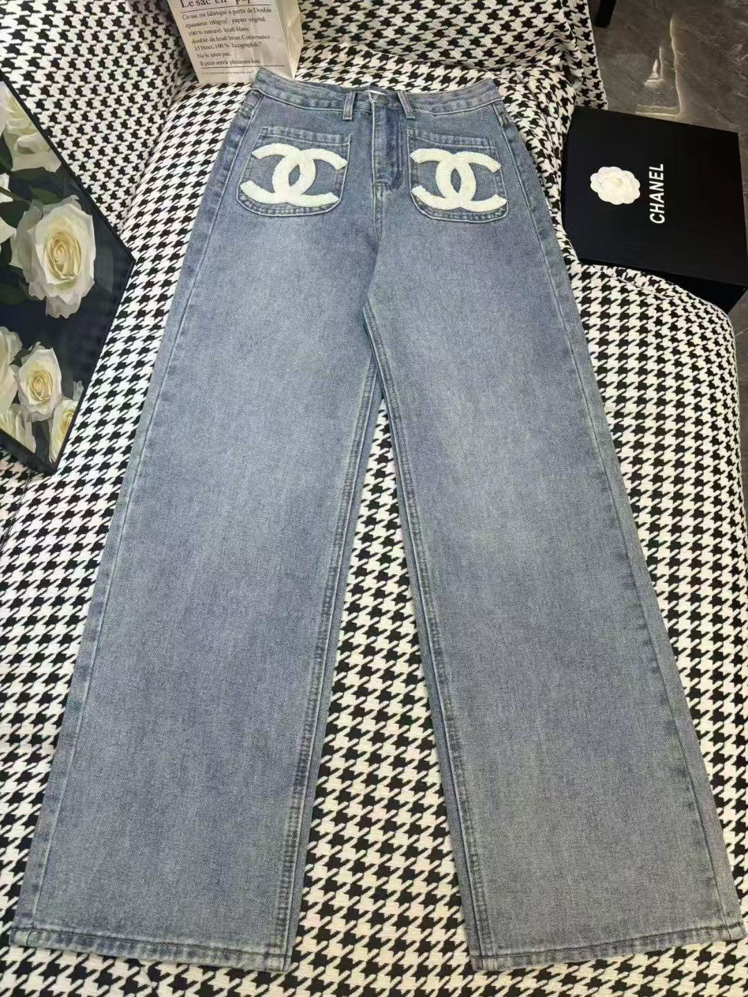 25 pocket double c towel embroidered denim trousers
