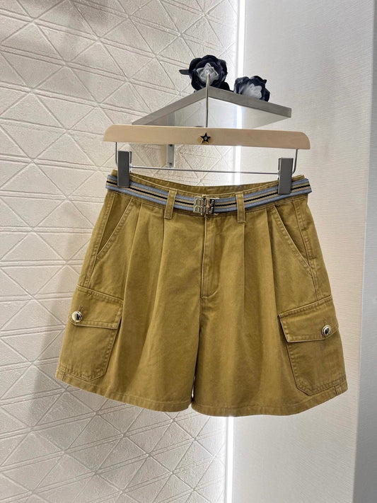 Cargo Pocket Belted Denim Shorts