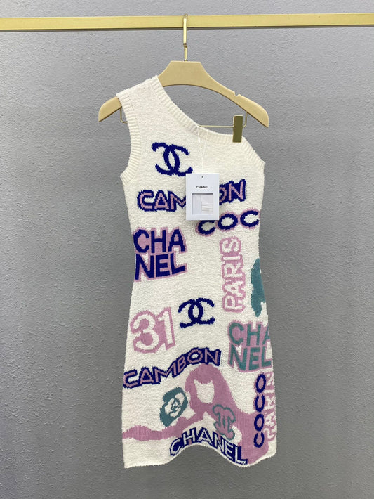 Logo jacquard sloping shoulder vest dress