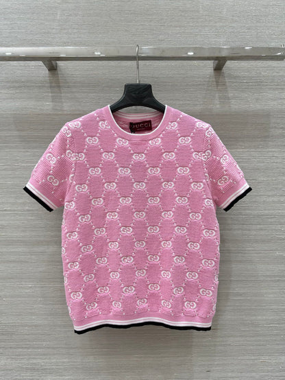 25SS Dopamine color retro jacquard full width GG knitted short sleeved shirt