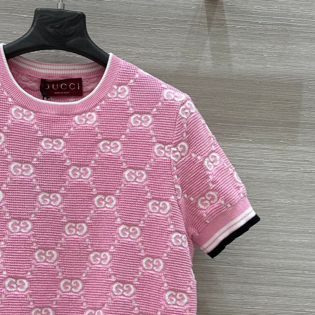 25SS Dopamine color retro jacquard full width GG knitted short sleeved shirt