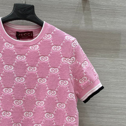 25SS Dopamine color retro jacquard full width GG knitted short sleeved shirt