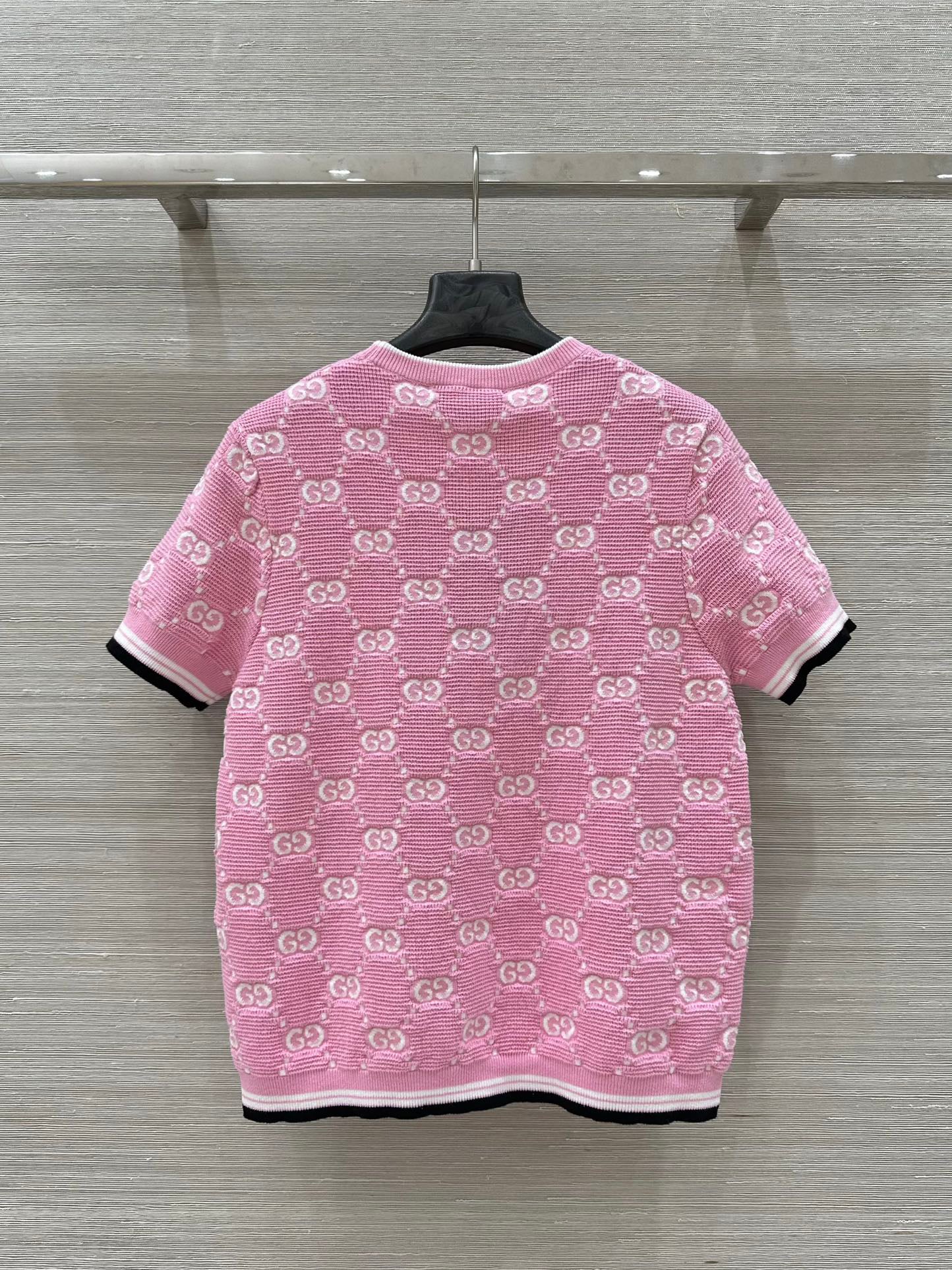 25SS Dopamine color retro jacquard full width GG knitted short sleeved shirt