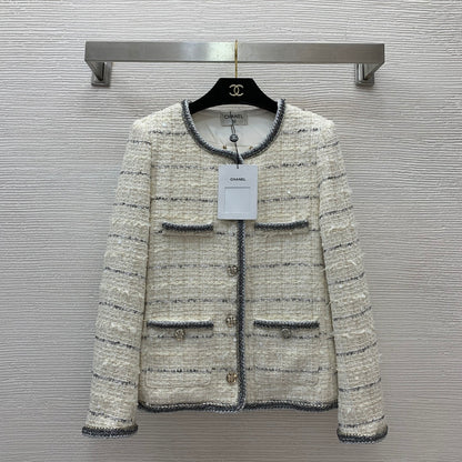 25ss Fried Dough Twists binding contrast stripe woven round neck long sleeve tweed coat