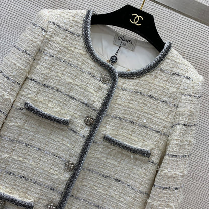 25ss Fried Dough Twists binding contrast stripe woven round neck long sleeve tweed coat