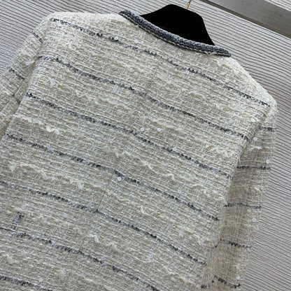 25ss Fried Dough Twists binding contrast stripe woven round neck long sleeve tweed coat