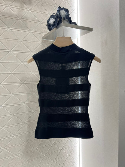 25SS Stand up collar spliced knit top
