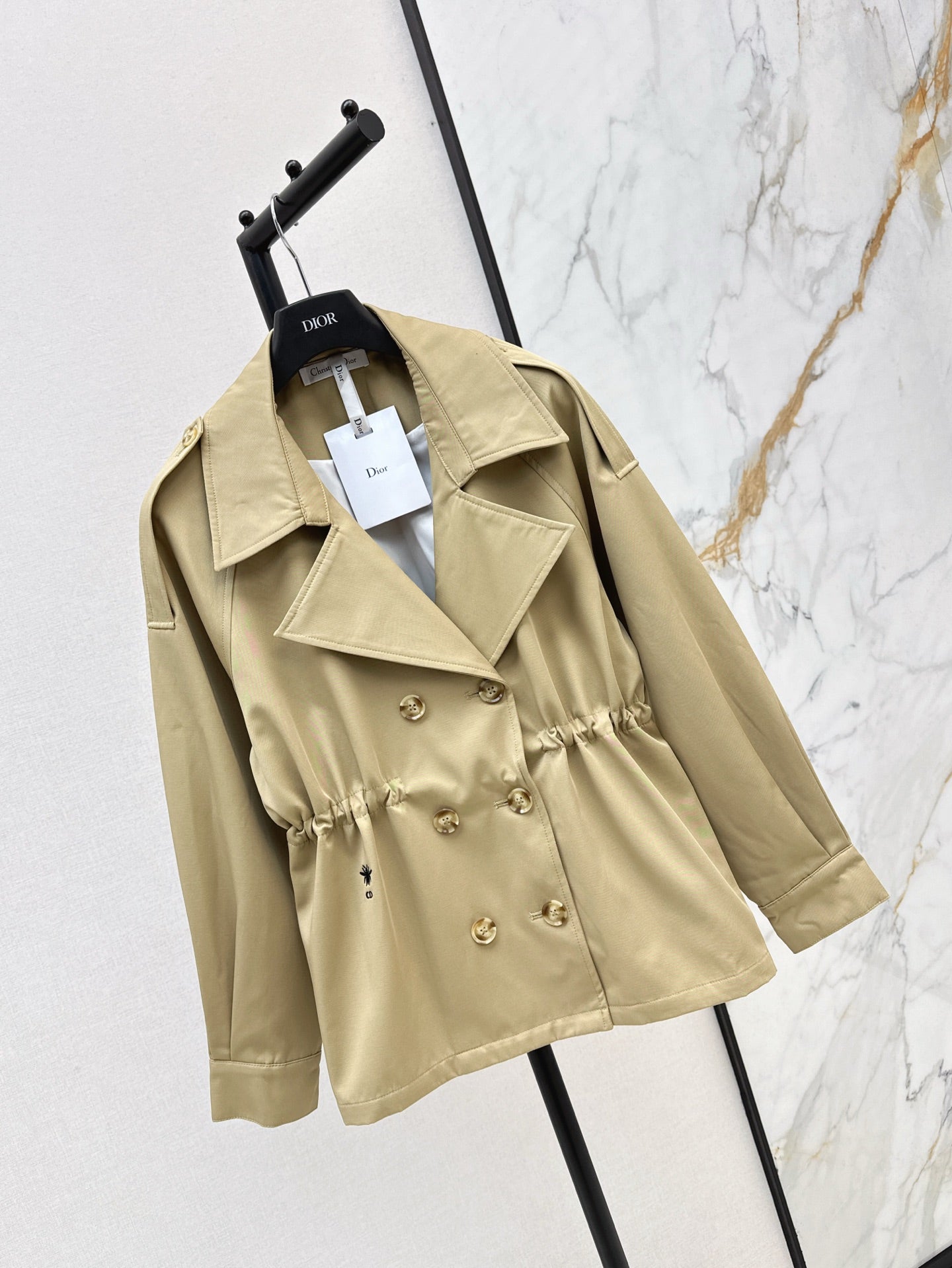 25ss Drawstring waist cinched mid length lapel windbreaker jacket