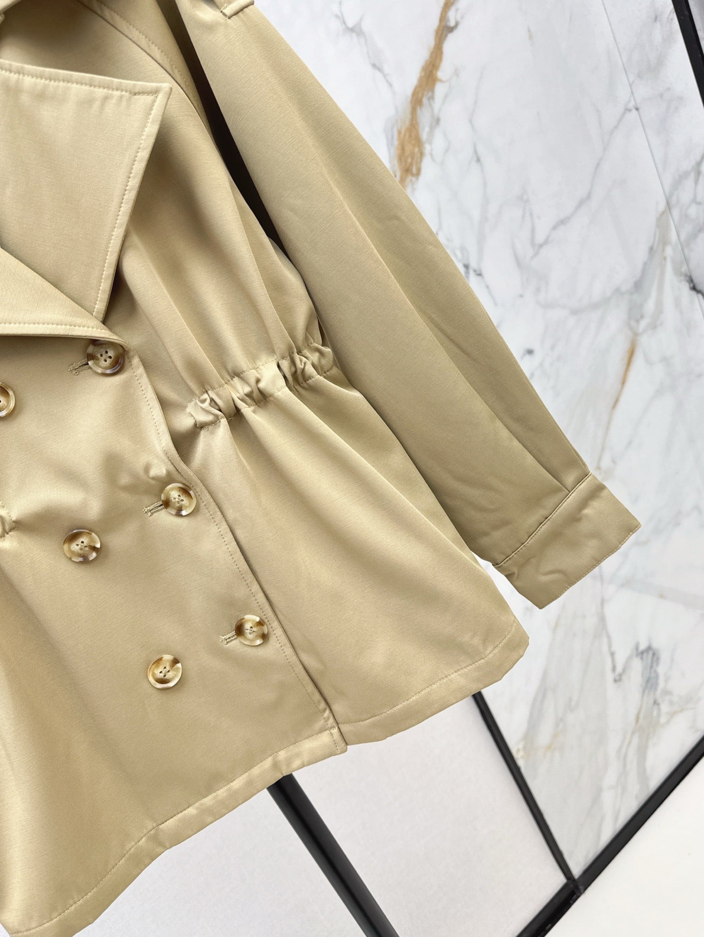 25ss Drawstring waist cinched mid length lapel windbreaker jacket