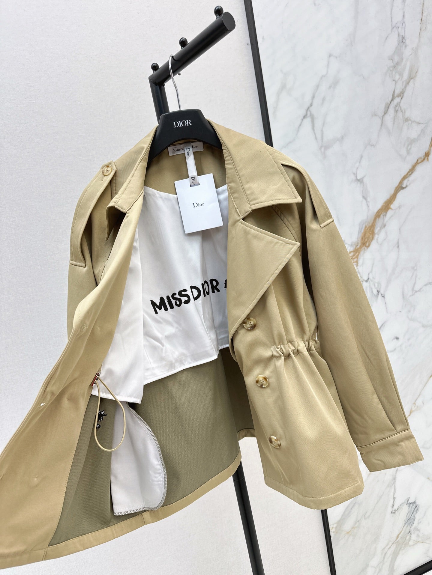 25ss Drawstring waist cinched mid length lapel windbreaker jacket