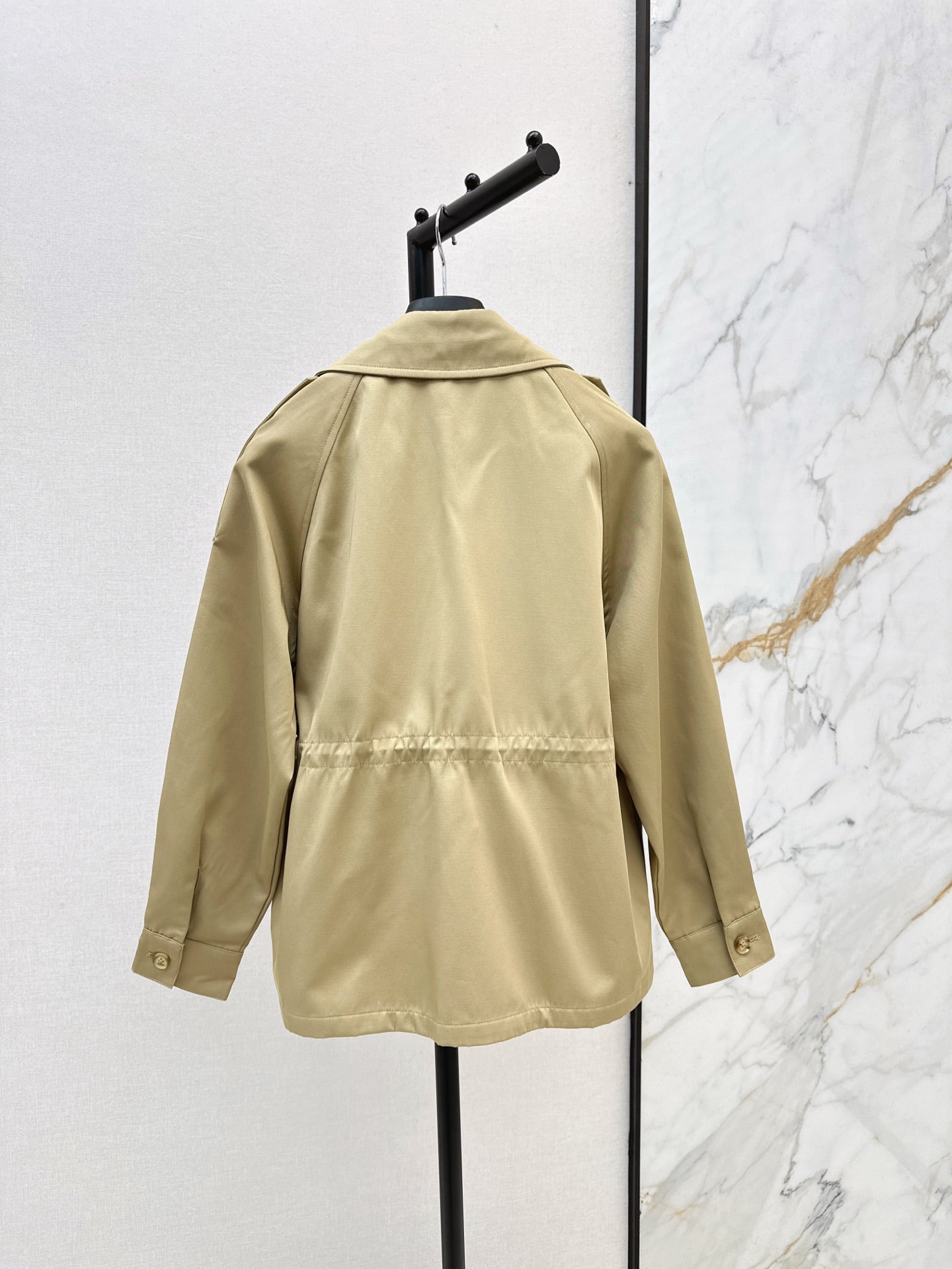 25ss Drawstring waist cinched mid length lapel windbreaker jacket