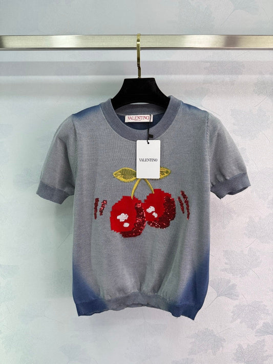Classic Short Sleeve Cherry Embroidered Knit Top
