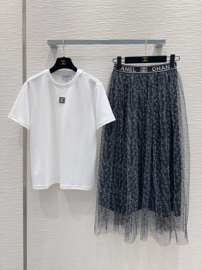 2025ss new small neckline white T-shirt + printed mesh skirt suit