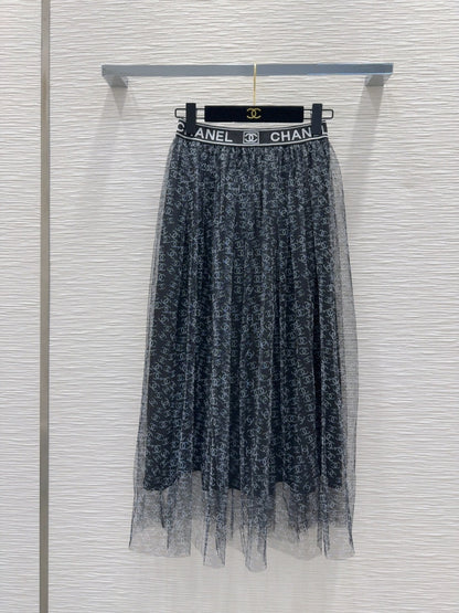 2025ss new small neckline white T-shirt + printed mesh skirt suit