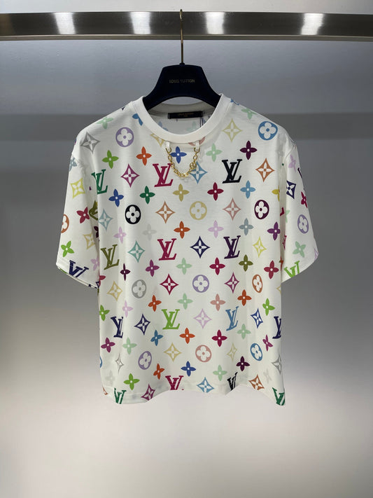L 25 Colorful letter print chain round neck short sleeve T-shirt
