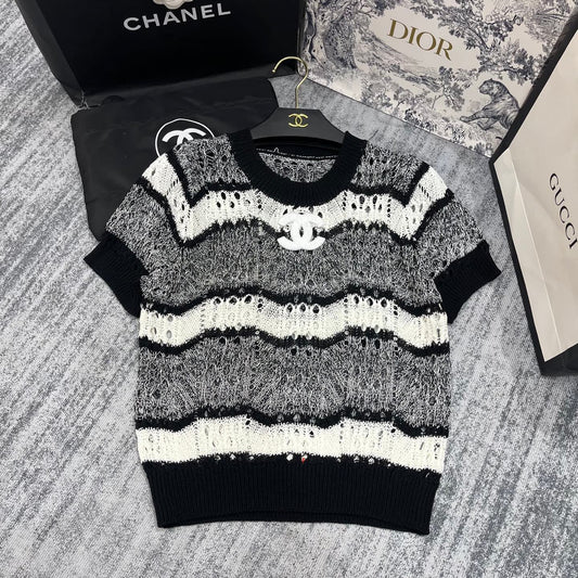 25 Spring and Summer New Mixed Color Striped Hollow Short Sleeves