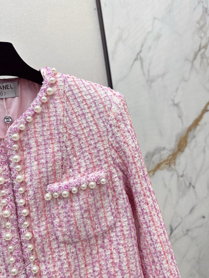 25ss latest spring and summer high-end sparkling cherry blossom pink pearl jacket
