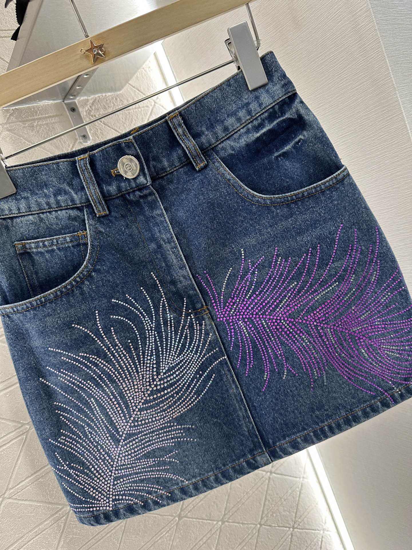 C 25 Feather Rhinestone Denim Skirt