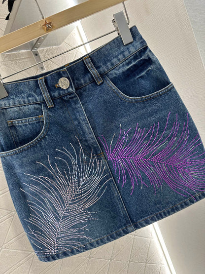 C 25 Feather Rhinestone Denim Skirt