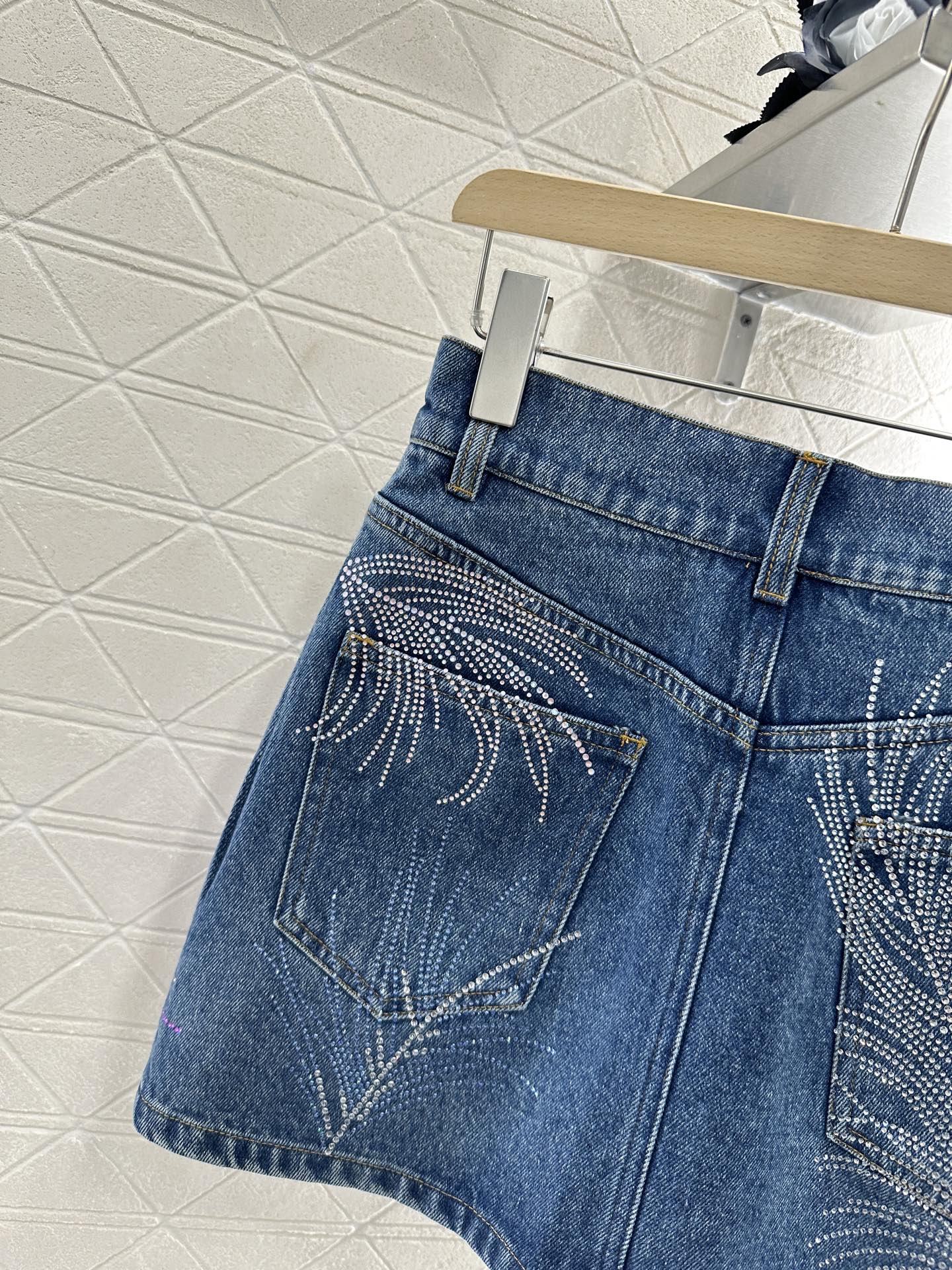 C 25 Feather Rhinestone Denim Skirt
