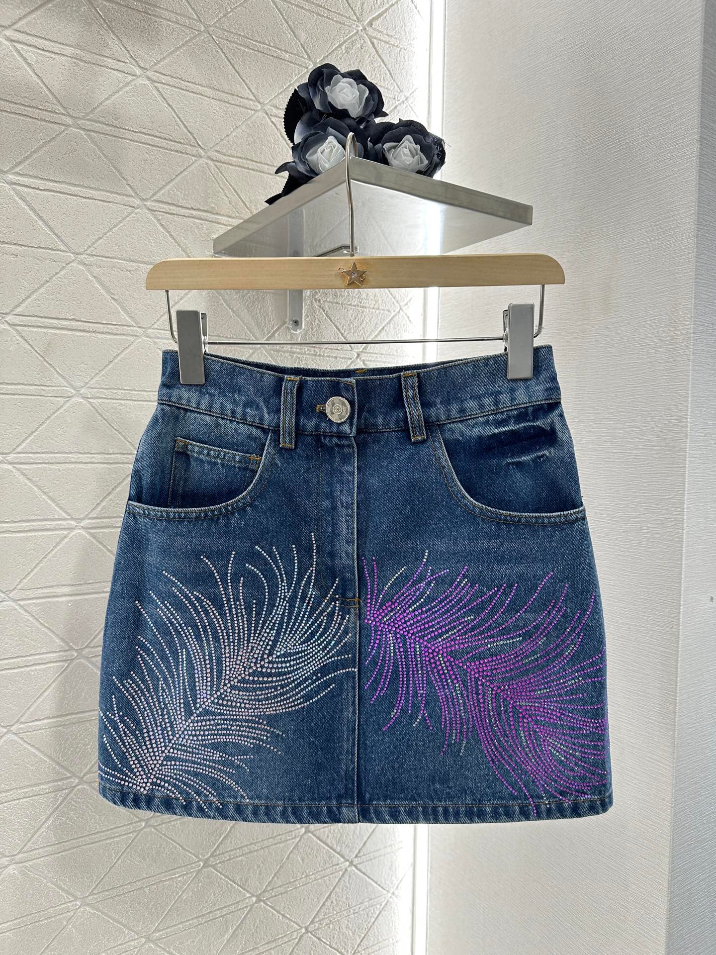 C 25 Feather Rhinestone Denim Skirt