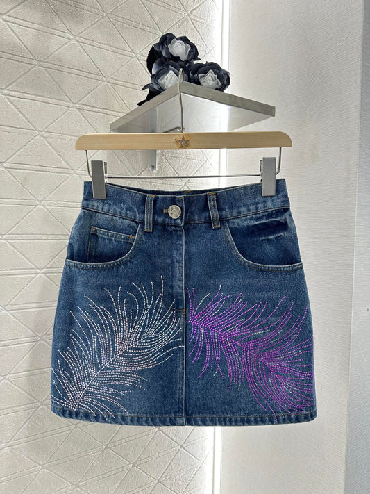 C 25 Feather Rhinestone Denim Skirt