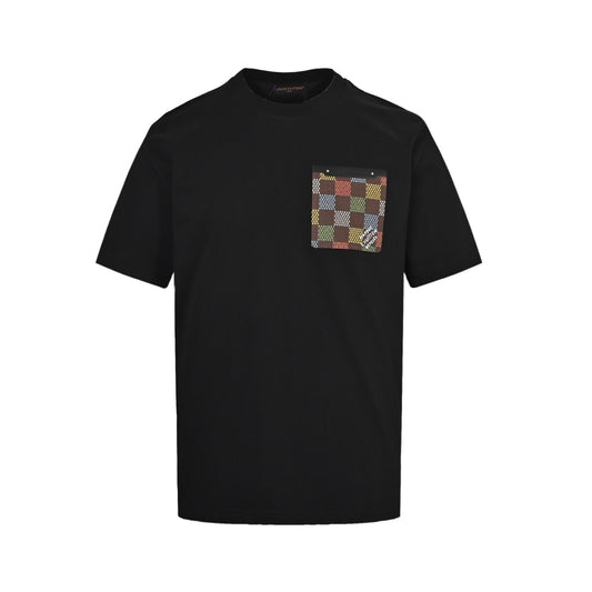 25ss checkerboard leather card pocket short sleeved shirt