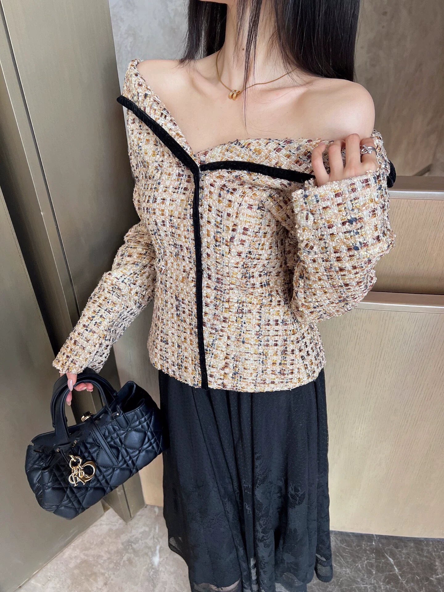 25SS Early Spring Latest One-shoulder Knitted Tweed Jacket