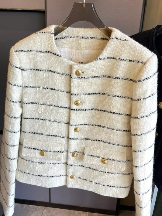 25 Spring new striped tweed wool jacket