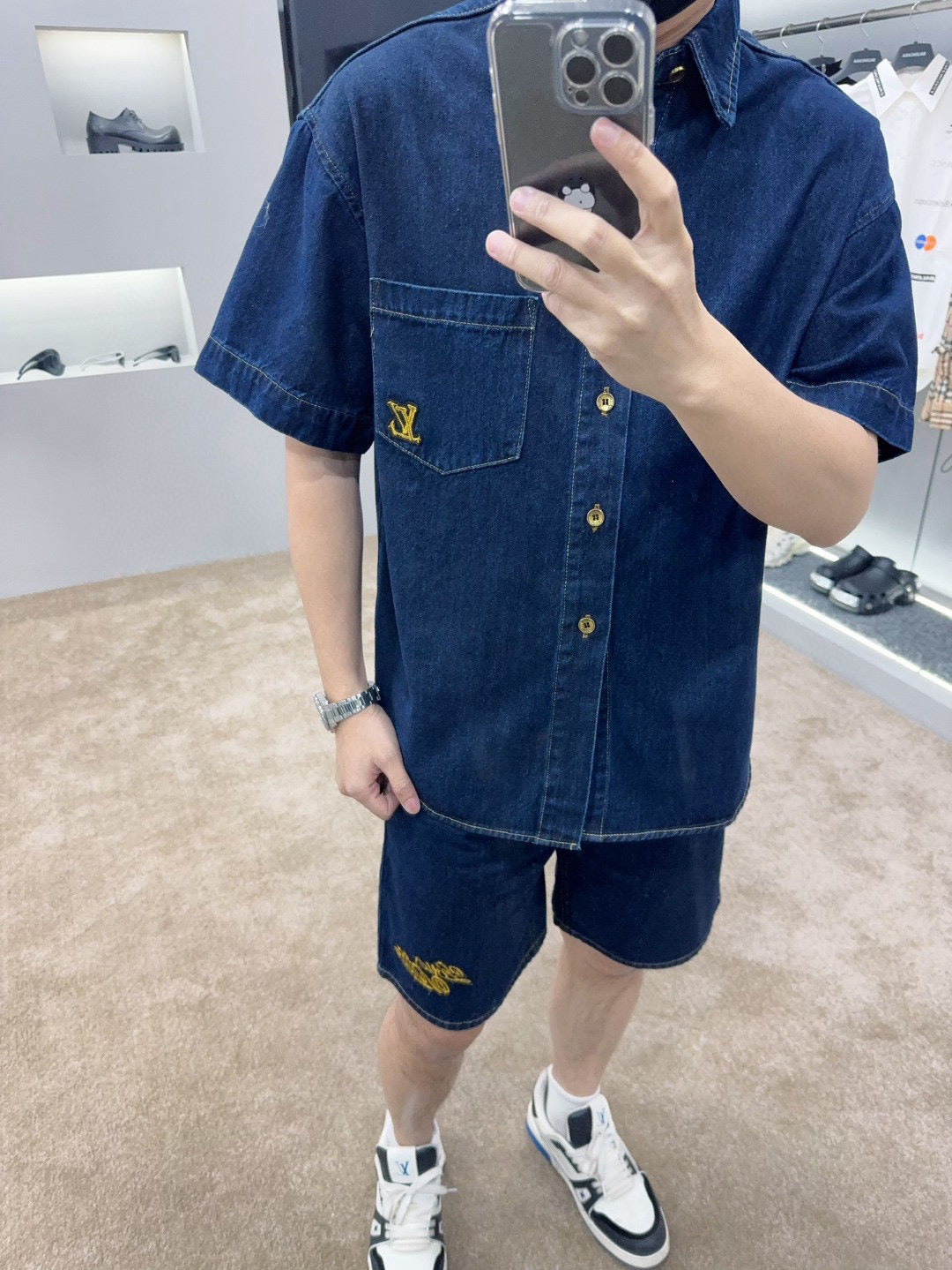 25ss rope signature letter embroidered denim shorts